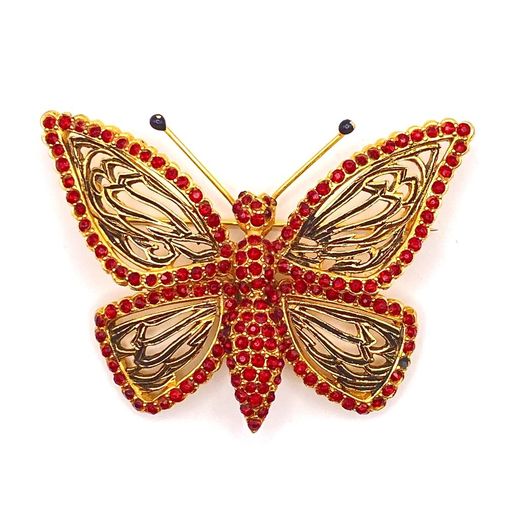 Rare 1940s Vogue Jewelry Butterfly Vintage Brooch Gold Tone Red Pave Crystal Pin